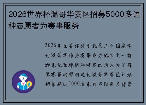 2026世界杯温哥华赛区招募5000多语种志愿者为赛事服务