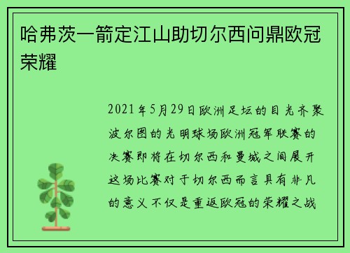 哈弗茨一箭定江山助切尔西问鼎欧冠荣耀